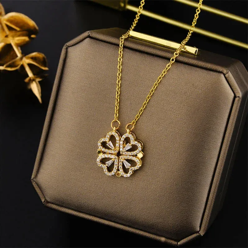 2-in-1 Magnetic Four Leaf Clover Heart Gold Necklace
