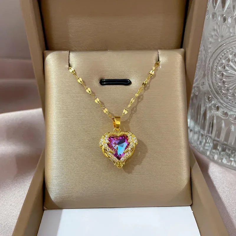 Crystal Purple Heart Pendant Gold Chain Necklace